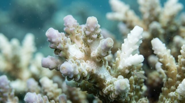 Close-up view of bleached coral reef in the ocean, showing the impact of climate change.