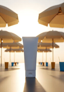 Sunscreen tube mockup on beach table with blurred umbrellas in background.
