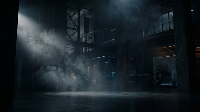 Dramatic interior of an industrial building with smoke and spotlight