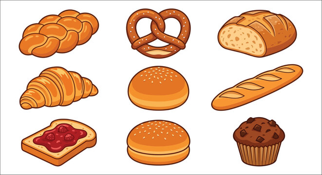 Bakery items collection cartoon style illustration on white background