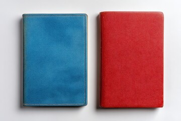 Fototapeta premium Flat lay image of blue and red passport covers on a bright white surface