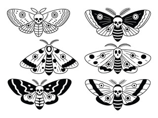 Death's Head Hawk Moth Vector Set with Stylized Skull Moths, Gothic Butterfly Symbols, Mystical Tropical Insects, and Tattoo Art Design © LEECOO