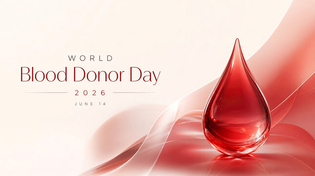 Elegant 3D glass blood drop on abstract wavy background. Premium World Blood Donor Day medical healthcare concept with copy space