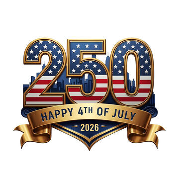 Ornate Golden 250th USA Anniversary Crest with "Happy 4th of July 2026" Banner, Semiquincentennial Symbol Isolated on Transparent Background