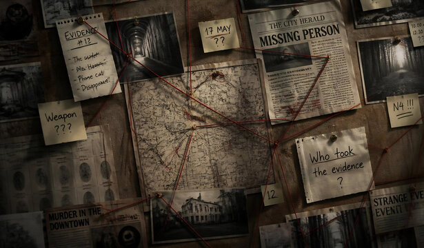 True Crime Detective Investigation Board with Red String and Evidence