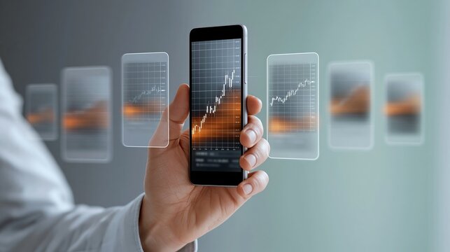 Hand holding smartphone displaying financial data graphs with transparent overlays of stock market trends in a modern office environment