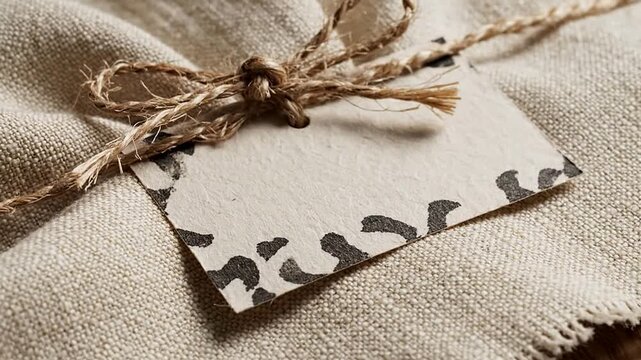 Close-Up View of Rustic Textured Fabric with Handmade Label and Twine, Perfect for Natural Lifestyle and Branding Imagery