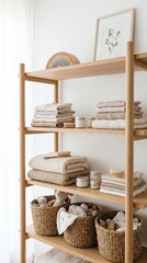Fototapeta premium A wooden shelving unit filled with neatly folded baby clothes, wicker baskets, and soft toys in neutral tones. Minimalist and cozy nursery interior. Ideal for parenting and home decor content.