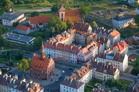 Warmia-Masuria, Morag old town center aerial view, Poland