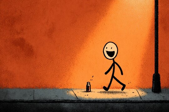 Humorous stick figure with a spilled drink in an illustrated night setting
