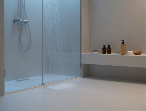Open shower running with toiletries on bathroom shelf