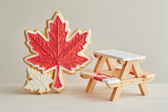 Maple leaf cookies with miniature picnic table on wood surface