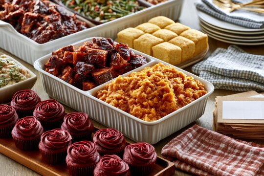 Juneteenth Potluck Table with Barbecue, Sweet Potatoes, Cornbread, and Red Velvet Cupcakes