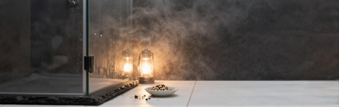 Shower corner with candles and bath salts on floor