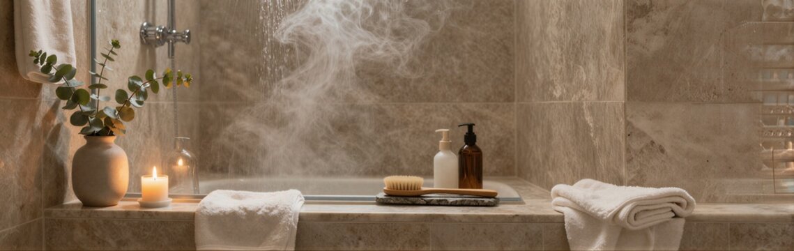Bathtub filled with steam and toiletries in marble bathroom