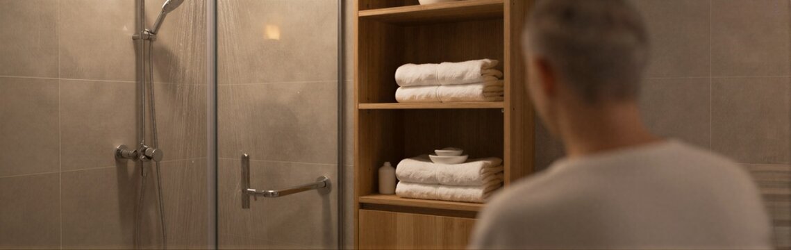 Person observing shower and towel shelves in bathroom interior