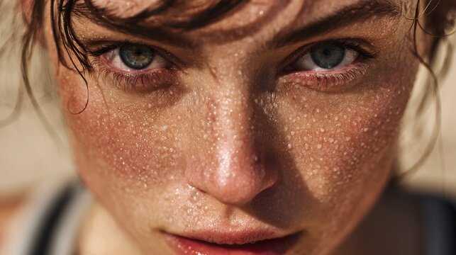 Intense close-up of a woman's face with beads of sweat and a direct gaze