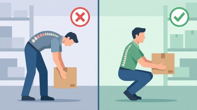 This shows two lifting techniques. One displays poor form with a strained back, while the other shows proper squat technique.