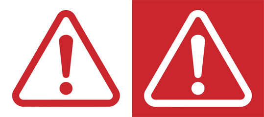 Warning Sign Icons: Two triangular warning signs featuring an exclamation mark, one on a white background and the other on a red background, symbolizing alert and caution. © Joba Vector Studio