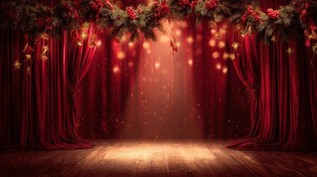 Christmas theater stage framed by red velvet curtains with a dramatic spotlight and magical glow