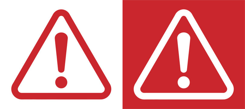 Warning Sign Icons: Two triangular warning signs featuring an exclamation mark, one on a white background and the other on a red background, symbolizing alert and caution.