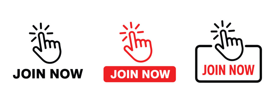Join Now Button: A set of three icons representing Join Now with a hand cursor clicking. call to action, digital button, online interface, clicking icon, registration.