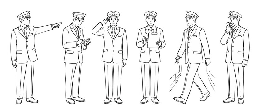Train Conductor Set Character Line Art, Station Master Professional Poses, Transport Staff Collection Pointing, Saluting, Walking, Communicating in Uniform, Vector Illustration for Travel Infographic.