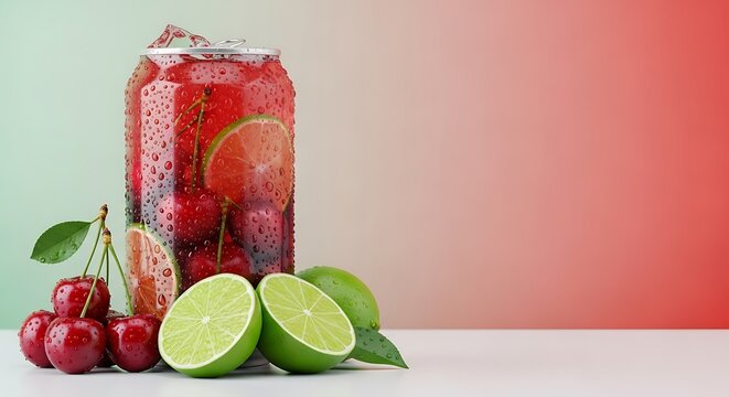Refreshing cherry lime soda in aluminum can with fresh fruit condensation and vibrant colors