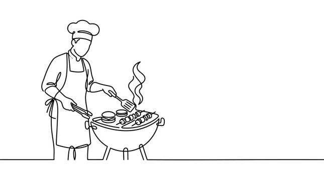 Continuous one line drawing of a chef cooking on a barbecue grill.