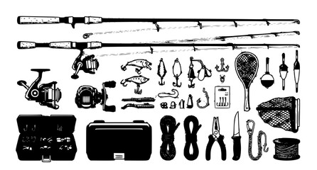 Outdoor fishing tackle vector bundle with rods reels hooks and angling equipment on green © Shohel