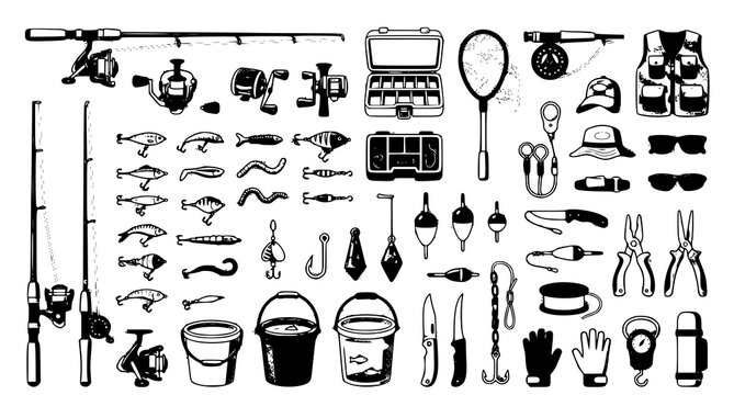 Fishing gear illustration collection with hooks rods reels and outdoor tackle vector items