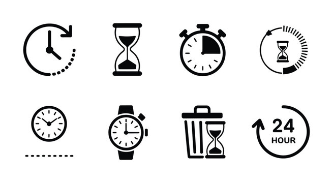 Time Management Icon Set Featuring Timetable, Countdown Clock, Schedule Planner, Deadline Reminder, Calendar Symbols, and Clean Vector Graphics for Apps