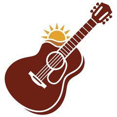Acoustic guitar illustration with sun and wave graphic elements on white background © Sopian