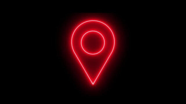 Abstract location glowing neon icon fast tracking map pin icon animation on black background. searching place address travel direction road signs map