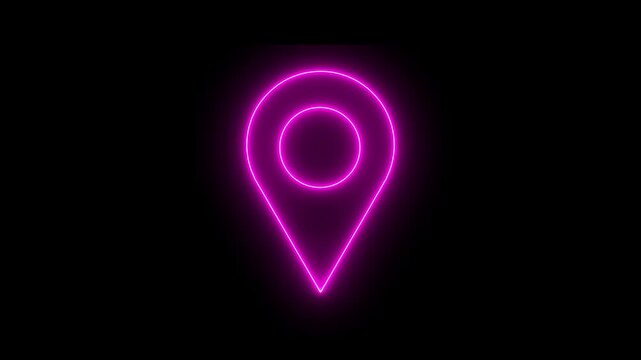 Abstract location glowing neon icon fast tracking map pin icon animation on black background. searching place address travel direction road signs map