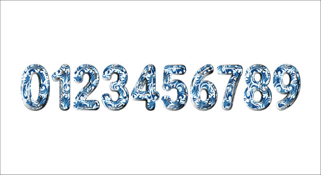 Numbers zero through nine blue floral pattern isolated on white