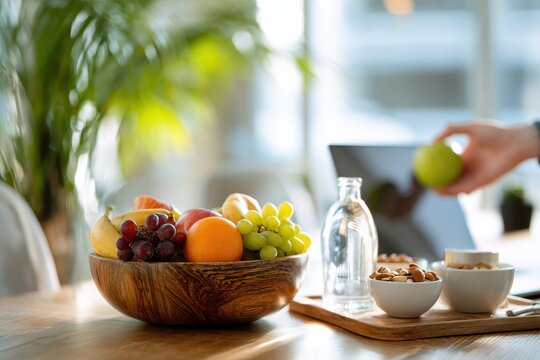 Healthy office snacks: colorful fruit bowl beside a laptop on a modern desk