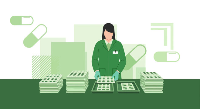 Pharmaceutical production: worker packaging pills in blister packs at factory