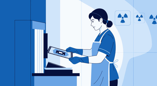 Radiology technician examining X-ray film in a darkroom with radiation symbols