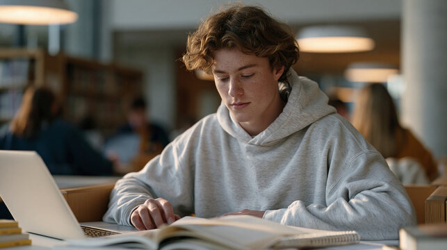 Teenage computer science student debugs AI-generated Python functions on a school-issued laptop in a public library study carrel surrounded by open textbooks, pausing to annotate error patterns in a
