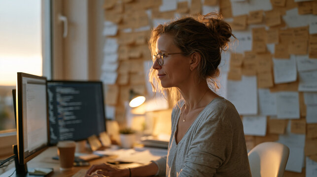 Software engineer in her fifties reviews AI-generated code on dual monitors inside a modest apartment office, debugging logic errors at dusk while automated suggestions scroll beside handwritten sti
