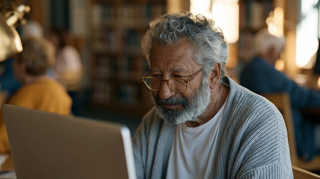 Retired mechanical engineer volunteers to label autonomous-vehicle sensor data through a nonprofit annotation platform on a library desktop, carefully classifying pedestrian coordinates in a public 