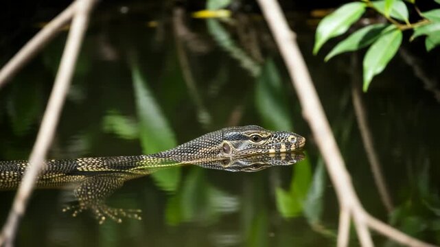 Water monitor lizard swimming in dark water with green foliage