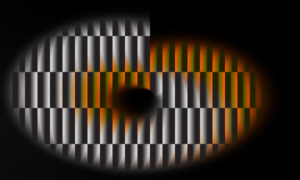 Abstract optical illusion with vertical gradient stripes, vibrant orange and white pattern on dark background