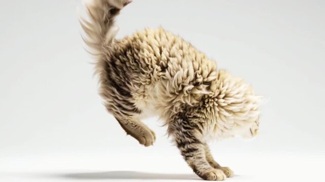 A playful domestic cat jumping energetically, showing natural feline agility and movement. The slow-motion action highlights the cat&rsquo;s flexibility, balance, and curiosity, making it perfect for pet 