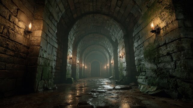 Dark medieval dungeon tunnel with flickering torchlight and damp stone walls