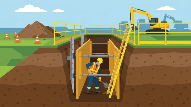 Workers dig a trench while following safety rules at a construction site near the coast with machinery and equipment around