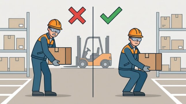 Two workers demonstrating safe and unsafe lifting techniques in a construction environment with storage shelves.