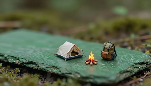 Miniature camping scene with tent and backpack beside small fire  