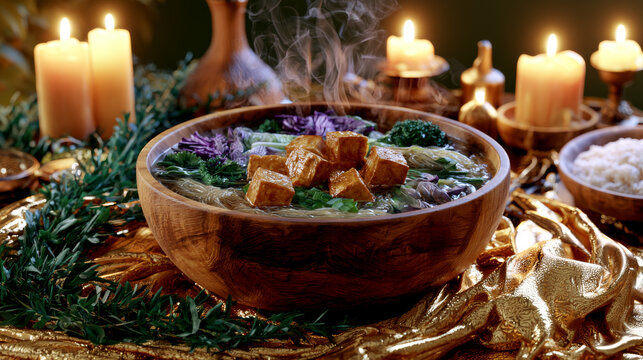 Steaming Wooden Bowl of Delicious Vegan Noodle Soup with Fresh Vegetables and Tofu On A Table With Gold Silk Tablecloth